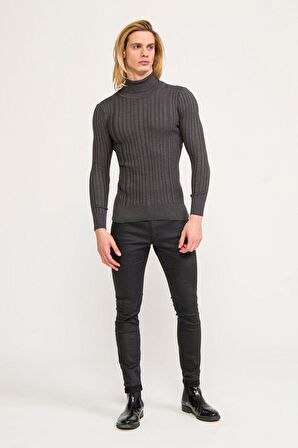 Erkek Slim Fit Fitilli Likralı Düz Renkli Triko Boğazlı Kazak