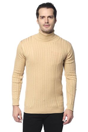 Erkek Slim Fit Fitilli Likralı Düz Renkli Triko Boğazlı Kazak