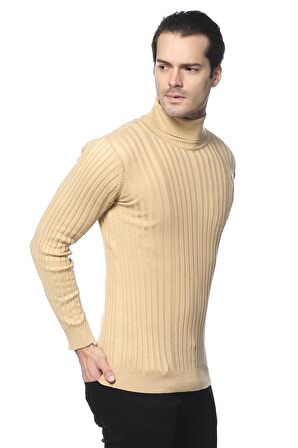 Erkek Slim Fit Fitilli Likralı Düz Renkli Triko Boğazlı Kazak