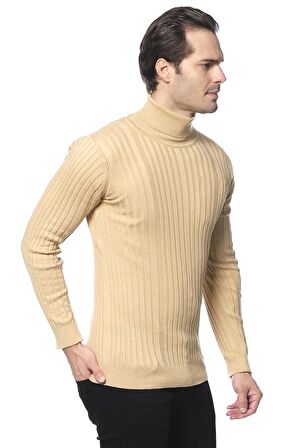Erkek Slim Fit Fitilli Likralı Düz Renkli Triko Boğazlı Kazak