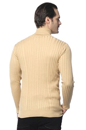 Erkek Slim Fit Fitilli Likralı Düz Renkli Triko Boğazlı Kazak