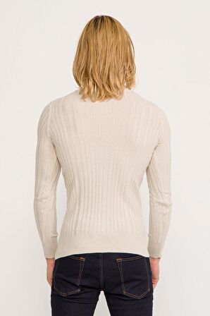 Erkek Slim Fit Fitilli Likralı Düz Renkli Triko Boğazlı Kazak