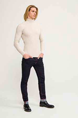 Erkek Slim Fit Fitilli Likralı Düz Renkli Triko Boğazlı Kazak