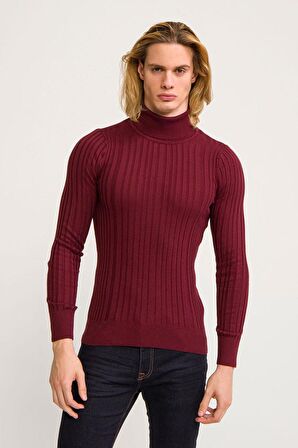 Erkek Slim Fit Fitilli Likralı Düz Renkli Triko Boğazlı Kazak
