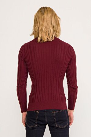 Erkek Slim Fit Fitilli Likralı Düz Renkli Triko Boğazlı Kazak