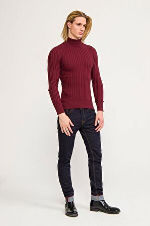 Erkek Slim Fit Fitilli Likralı Düz Renkli Triko Boğazlı Kazak
