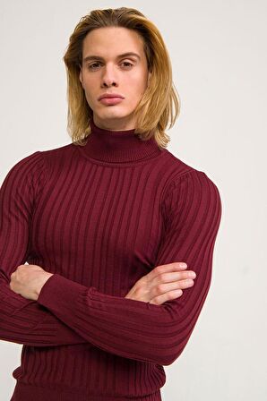Erkek Slim Fit Fitilli Likralı Düz Renkli Triko Boğazlı Kazak