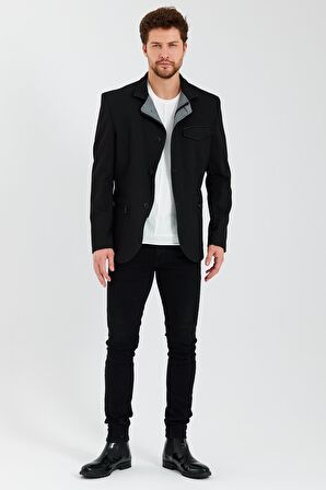 CEKMON Erkek Dik Yaka Fermuarlı Düğmeli Cepli Düz Renk Astarlı Blazer Klasik Ceket