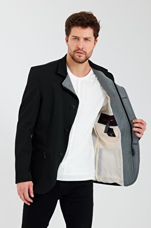 CEKMON Erkek Dik Yaka Fermuarlı Düğmeli Cepli Düz Renk Astarlı Blazer Klasik Ceket