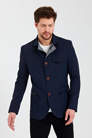 CEKMON Erkek Dik Yaka Fermuarlı Düğmeli Cepli Düz Renk Astarlı Blazer Klasik Ceket