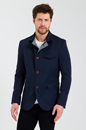 CEKMON Erkek Dik Yaka Fermuarlı Düğmeli Cepli Düz Renk Astarlı Blazer Klasik Ceket