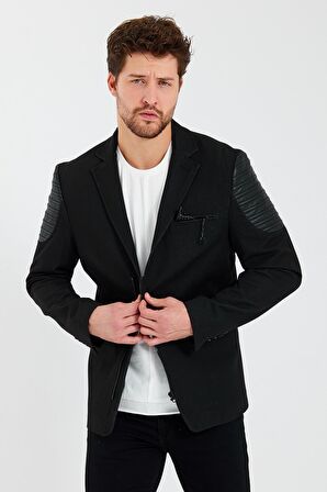 CEKMON Erkek Slim Fit Omuzları Deri Detaylı Fermuarlı Cepli Blazer Klasik Ceket