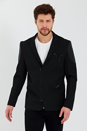 CEKMON Erkek Slim Fit Omuzları Deri Detaylı Fermuarlı Cepli Blazer Klasik Ceket