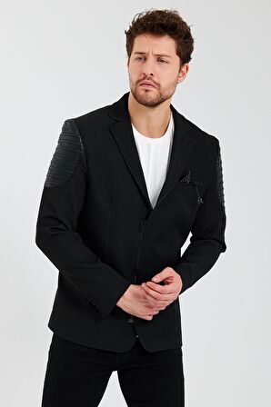 CEKMON Erkek Slim Fit Omuzları Deri Detaylı Fermuarlı Cepli Blazer Klasik Ceket