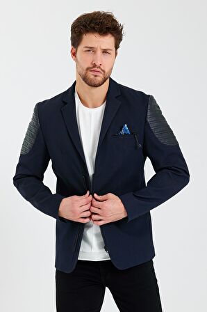 CEKMON Erkek Slim Fit Omuzları Deri Detaylı Fermuarlı Cepli Blazer Klasik Ceket