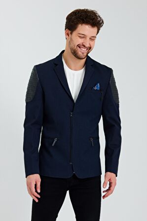 CEKMON Erkek Slim Fit Omuzları Deri Detaylı Fermuarlı Cepli Blazer Klasik Ceket