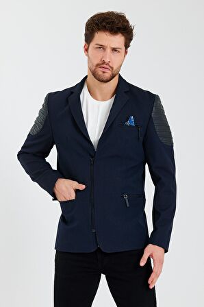 CEKMON Erkek Slim Fit Omuzları Deri Detaylı Fermuarlı Cepli Blazer Klasik Ceket