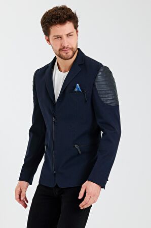 CEKMON Erkek Slim Fit Omuzları Deri Detaylı Fermuarlı Cepli Blazer Klasik Ceket