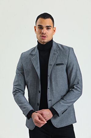 CEKMON Erkek Slim Fit Düğmeli Çok Cepli Deri Detaylı Astarlı Dik Yaka Klasik Ceket