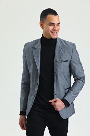 CEKMON Erkek Slim Fit Düğmeli Çok Cepli Deri Detaylı Astarlı Dik Yaka Klasik Ceket