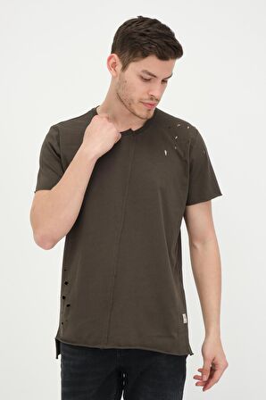 Erkek Asimetrik Yırtık Detaylı Bisiklet Yaka Kısa Kollu Basic T-Shirt