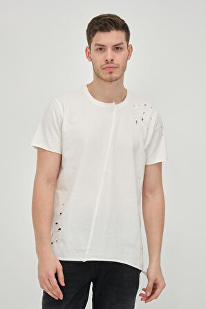 Erkek Asimetrik Yırtık Detaylı Bisiklet Yaka Kısa Kollu Basic T-Shirt