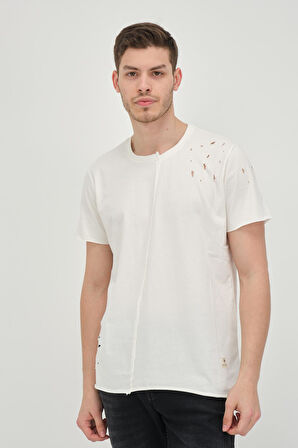 Erkek Asimetrik Yırtık Detaylı Bisiklet Yaka Kısa Kollu Basic T-Shirt