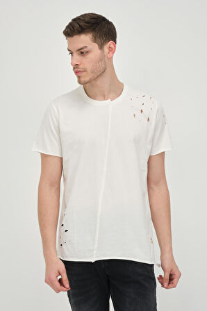 Erkek Asimetrik Yırtık Detaylı Bisiklet Yaka Kısa Kollu Basic T-Shirt