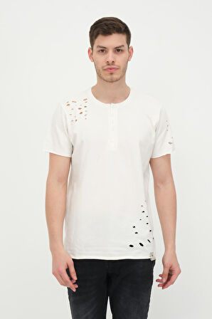 Erkek Düğmeli Yırtık Detaylı Kısa Kollu Basic T-shirt