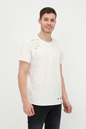 Erkek Düğmeli Yırtık Detaylı Kısa Kollu Basic T-shirt