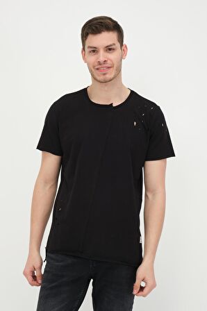 Erkek Asimetrik Yırtık Detaylı Bisiklet Yaka Kısa Kollu Basic T-Shirt