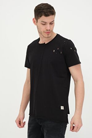 Erkek Asimetrik Yırtık Detaylı Bisiklet Yaka Kısa Kollu Basic T-Shirt