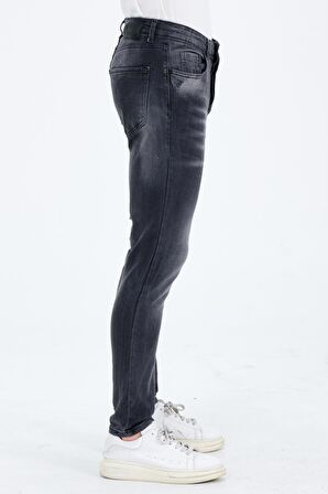 Erkek Gri Slim Fit Taş Yıkamalı Kot Pantolon
