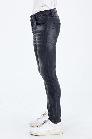 Erkek Gri Slim Fit Taş Yıkamalı Kot Pantolon