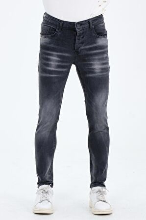 Erkek Gri Slim Fit Taş Yıkamalı Kot Pantolon