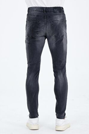Erkek Gri Slim Fit Taş Yıkamalı Kot Pantolon