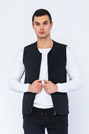 Erkek Regular Fit Bomber Yaka Fermuarlı Çok Cepli Kapitone Spor Yelek