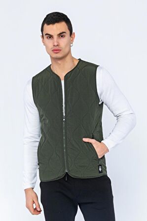 Erkek Regular Fit Bomber Yaka Fermuarlı Çok Cepli Kapitone Spor Yelek