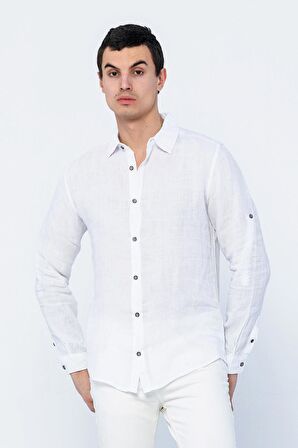 Erkek Regular Fit %100 Keten Uzun Kollu ve Katlama Kollu Gömlek 
