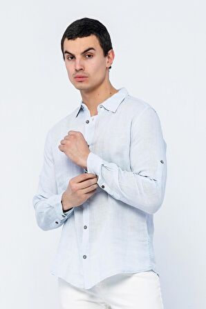 Erkek Regular Fit %100 Keten Uzun Kollu ve Katlama Kollu Gömlek 