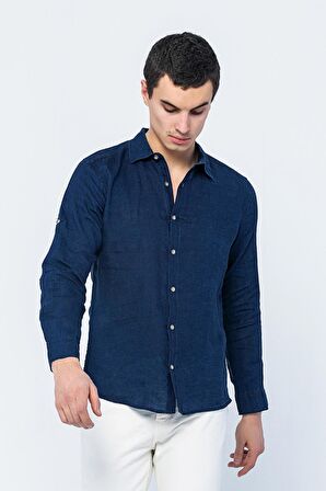 Erkek Regular Fit %100 Keten Uzun Kollu ve Katlama Kollu Gömlek 