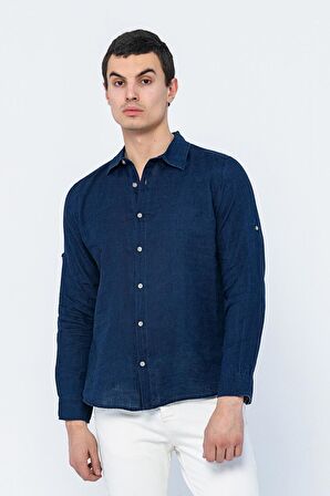 Erkek Regular Fit %100 Keten Uzun Kollu ve Katlama Kollu Gömlek 