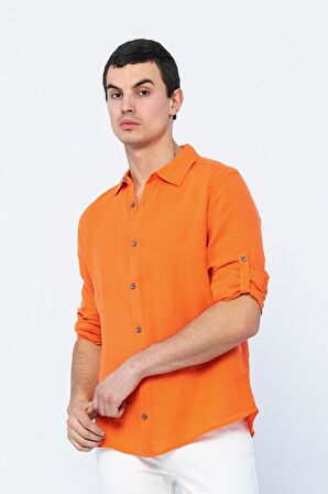 Erkek Regular Fit %100 Keten Uzun Kollu ve Katlama Kollu Gömlek 