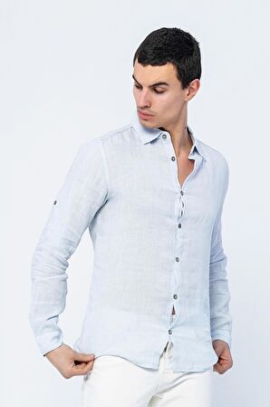 Erkek Regular Fit %100 Keten Uzun Kollu ve Katlama Kollu Gömlek 