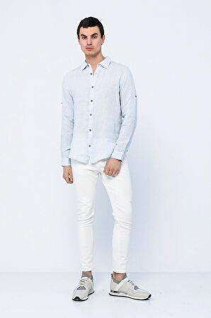 Erkek Regular Fit %100 Keten Uzun Kollu ve Katlama Kollu Gömlek 