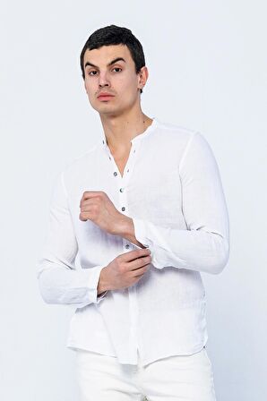 Erkek Regular Fit Hakim Yaka Düğmeli %100 Keten Uzun Kollu  Gömlek 