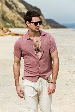 Erkek Regular Fit Düğmeli Kafes Dokuma Kısa Kollu Gömlek 