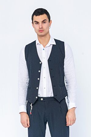 Erkek Slim Fit Çizgili Düğmeli Cepli Bürümcük Kumaş Klasik Yelek
