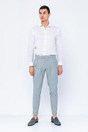 Erkek Çizgili Pileli Düğmeli Fermuarlı Aksesuar Detaylı Bürümcük Kumaş Rahat Pantolon