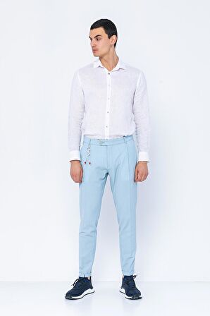 Erkek Çizgili Pileli Düğmeli Fermuarlı Aksesuar Detaylı Bürümcük Kumaş Rahat Pantolon